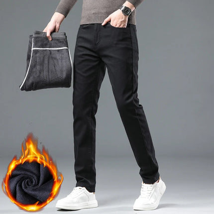 2024 New Winter Fleece Casual Pants Men's Straight Slim Thick Warm Male Business Fashion Casual Elastic Comfort Velvet Trousers