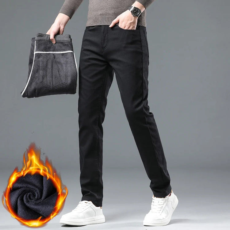 2024 New Winter Fleece Casual Pants Men's Straight Slim Thick Warm Male Business Fashion Casual Elastic Comfort Velvet Trousers