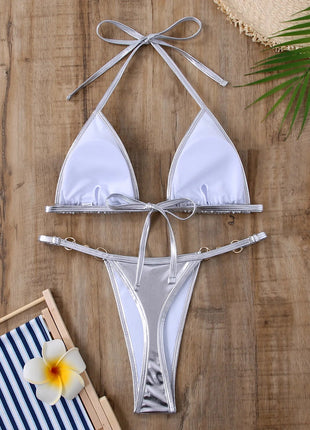 Micro Bikini Rosa Lucido da Donna, Sexy con Perle in PU, Push-Up, Perizoma, Costume da Bagno Estivo, con Lacci, per Vacanze PlatiNum