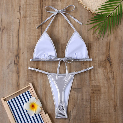 Micro Bikini Rosa Lucido da Donna, Sexy con Perle in PU, Push-Up, Perizoma, Costume da Bagno Estivo, con Lacci, per Vacanze PlatiNum