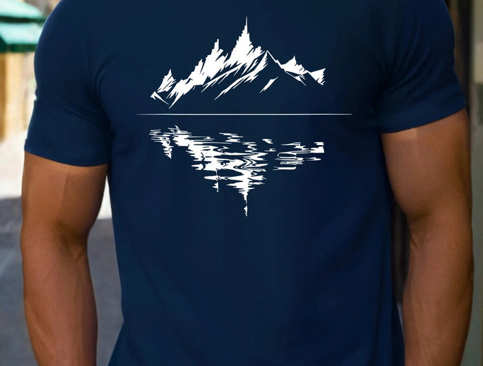 Men's summer 100 pure cotton fashionable casual loose fit plus mountain reflection printed round neck short sleeved T-shirt top PlatiNum