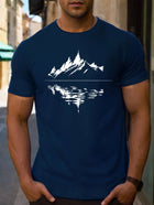 Men's summer 100 pure cotton fashionable casual loose fit plus mountain reflection printed round neck short sleeved T-shirt top PlatiNum