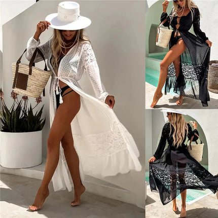 Copricostume Kimono da spiaggia per costumi da bagno donna Patchwork di pizzo bianco nero Chiffon eleganti abiti avvolgenti con cintura 2023 costumi da bagno platinumshop