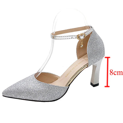 Bling Gold Silver Women Pumps 2023 Sexy Point Toe Thin Heel Party Wedding Shoes Womens Summer Ankle Strap 8cm High Heels Shoes PlatiNum