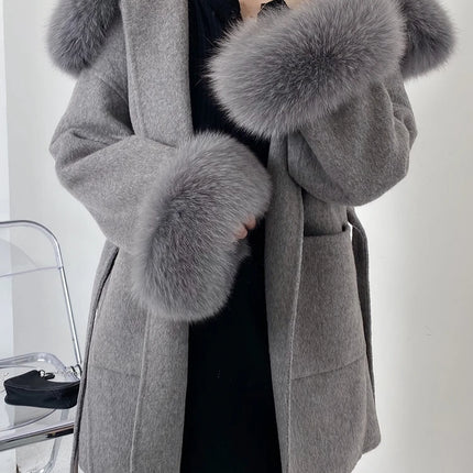 2024 New Oversize Ladies Outerwear Real Fur Coat Winter Jacket Women Natural Fox Fur Collar Cuffs Hood Cashmere Wool Woolen