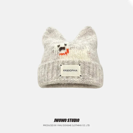 Cute Cartoon Kitten Ear Woolen Cap for Women Warm Cold-proof Autumn Winter Puppy Pattern Knitted Hat Fashion Sweet Crochet hats