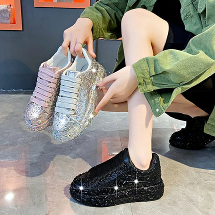 2025 Autumn Leather Women Shoes New Style Fashion Platform Shoes Ins Platforms Sneakers Tide Shine Bling Rhinestone Shoes