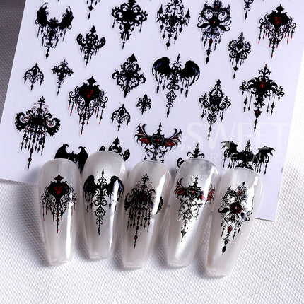 7/8pcs 3D Gothic Black Halloween Nail Stickers Cool Design Alphabet Letter Lace Castle Skull Y2K Manicure Decoration Accessories