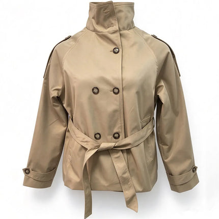 Belted Waist Cropped Trench Jackets Women Double Breasted Stand Collar Coats 2025 Autumn Chic Casual Vintage Jacket Women Cloth