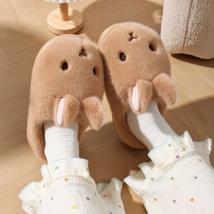 Women's Cute Rabbit Cotton Slippers Autumn and Winter Cartoon 3D Bunny with Plush Insulation, Thick Bottom, Home Plush Slippers
