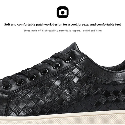 Men Low Top Leather Casual Shoes Lace-up Fashion Sneakers Black Embossed Plaid Upper Non Slip Flat Daily Wear Board Footwear