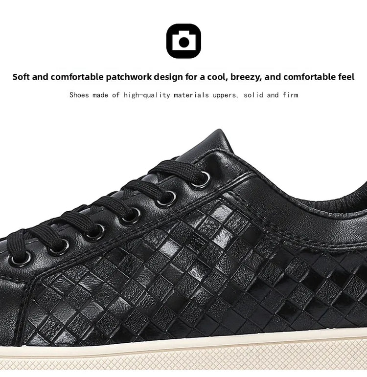 Men Low Top Leather Casual Shoes Lace-up Fashion Sneakers Black Embossed Plaid Upper Non Slip Flat Daily Wear Board Footwear