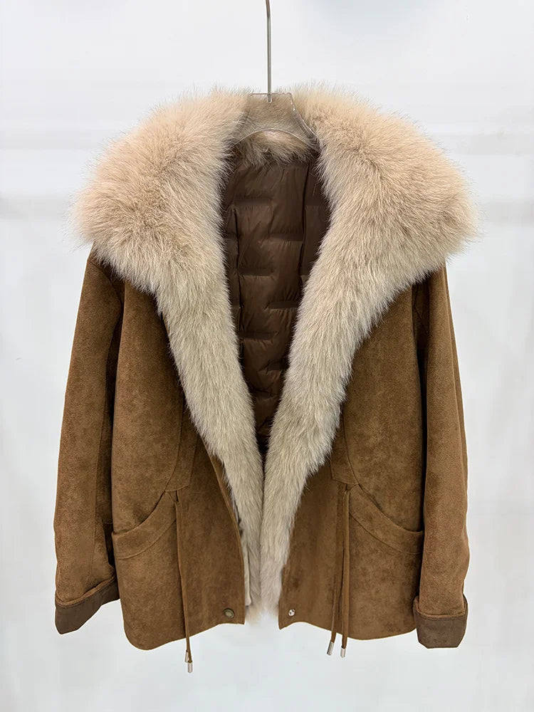 2026 Autumn Winter Women's White Goose Down Coats Natural Real Fox Fur Collar Jacket Outwear Luxury Female Jacket