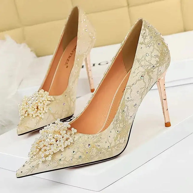 BIGTREE Scarpe Fiori di perle Décolleté da donna Tacchi alti con strass 2026 Nuove donne di lusso Tacchi a spillo Décolleté da donna di grandi dimensioni platinumshop