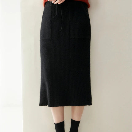 Yoyoselect 100% Cashmere Women's Skirts Autumn Winter Mid Calf Length Knitted Skirt Soft Versatile Quality OL Skirts Clothing PlatiNum
