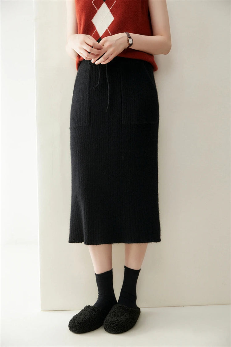 Yoyoselect 100% Cashmere Women's Skirts Autumn Winter Mid Calf Length Knitted Skirt Soft Versatile Quality OL Skirts Clothing PlatiNum