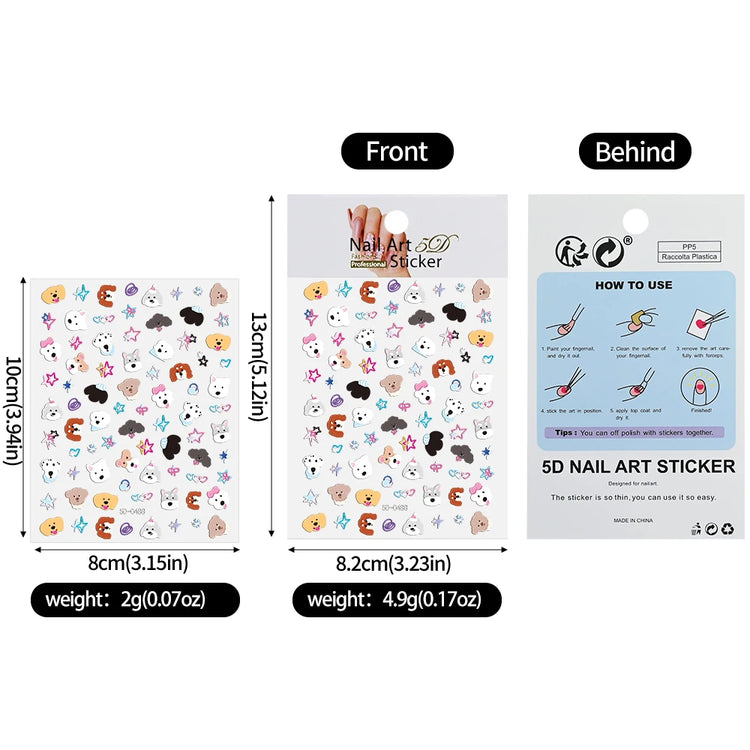 1Pcs 5D Lovely Dog/Cat Nail Art Stickers Cartoon Puppy Kitten Pet Animal Adhesive Nail Decals Y2K Manicure Decorations Sliders &