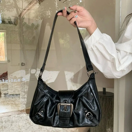 Y2K Vintage Distressed Leather Women Bag Shoulder Bag Maillard Style Underarm Purse Two Tone Crossbody Bag for Women PlatiNum