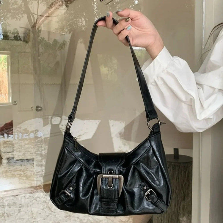 Y2K Vintage Distressed Leather Women Bag Shoulder Bag Maillard Style Underarm Purse Two Tone Crossbody Bag for Women PlatiNum