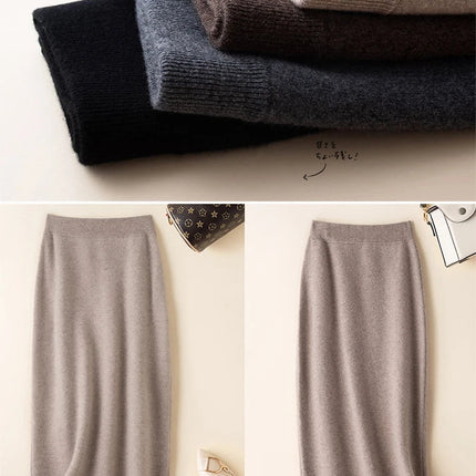 100% pure wool skirt new women's autumn and winter mid-length high-waisted thin cashmere skirt knitted all-match hip skirt PlatiNum