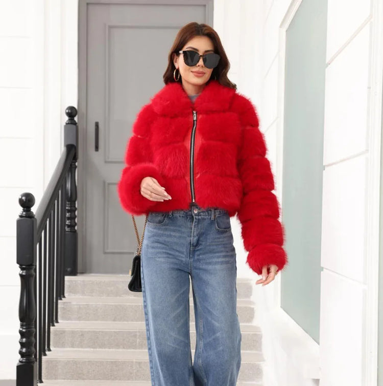 ZADORIN 2025 Chic Winter Fur Coats Woman Spliced Cropped Fluffy Faux Fur Jacket Woman Lapel Zipper Fox Fur Faux Coat Y2K Clothes