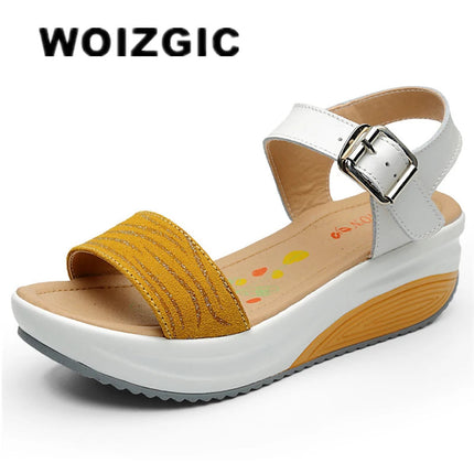 WOIZGIC Women's Ladies Female Genuine Leather Shoes Platform Sandals High Heels Summer Cool Beach Flip Flop 35-40 CDBY-5531 PlatiNum