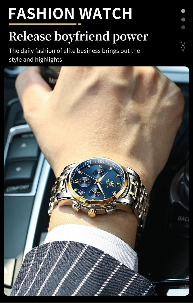 OLEVS 2858 Orologio da Uomo in Acciaio Inossidabile, Impermeabile, Antigraffio, con Fasi Lunari, Luminoso, Cronografo, Orologio da Polso al Quarzo di Lusso platinumshop