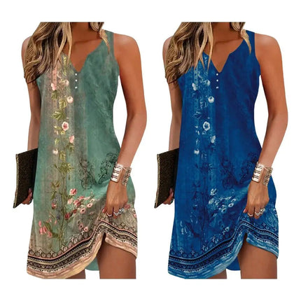 Abiti Estivi da Donna alla Moda, Vestiti Bohémien Senza Maniche, Abiti Casual con Scollo a V per Vacanze e Spiaggia platinumshop