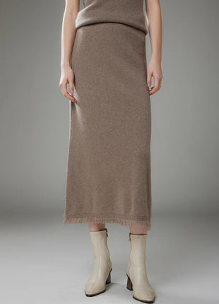 Women Cashmere A-Line Tassel Skirt High Waist Office Lady Retro Autumn Winter 100% Cashmere Knitwear Graceful Regular Fit Dress