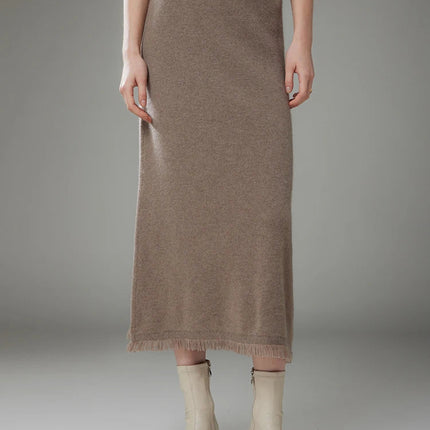 Women Cashmere A-Line Tassel Skirt High Waist Office Lady Retro Autumn Winter 100% Cashmere Knitwear Graceful Regular Fit Dress PlatiNum