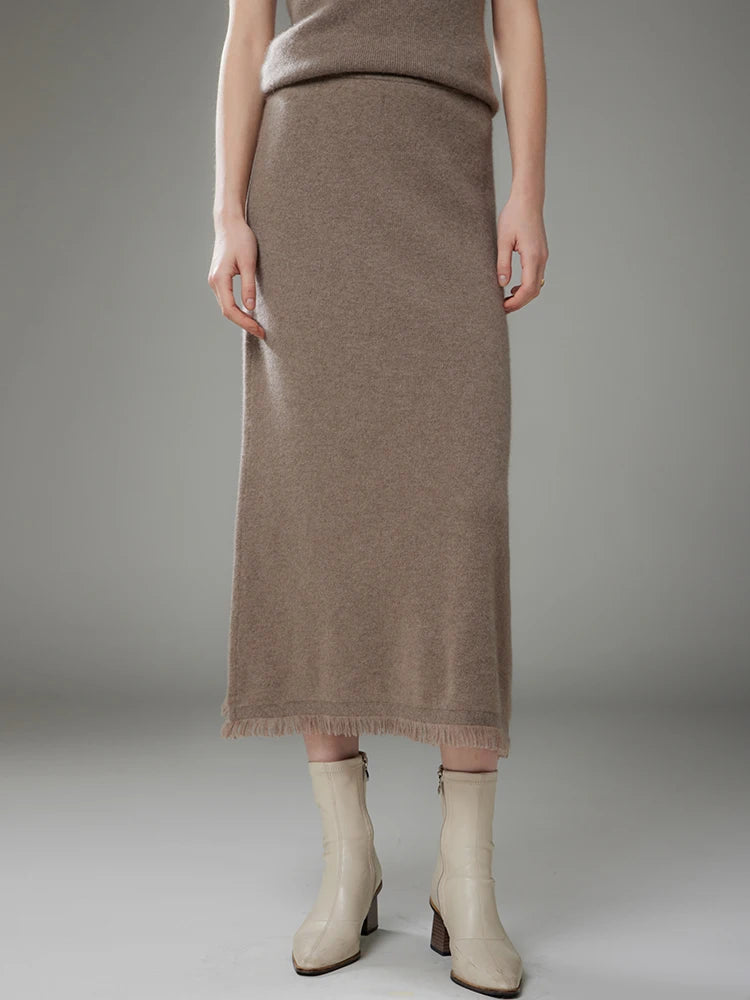 Women Cashmere A-Line Tassel Skirt High Waist Office Lady Retro Autumn Winter 100% Cashmere Knitwear Graceful Regular Fit Dress PlatiNum