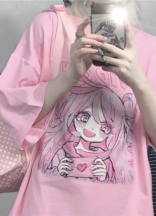 Primavera estate nuova versione coreana Harajuku Pink Cute Anime Cartoon Girl stampa t-shirt a maniche corte allentata studentessa superiore