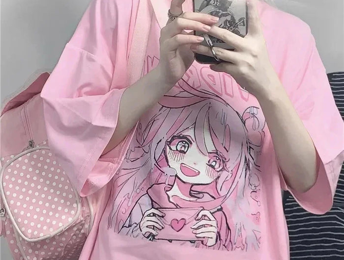 Printemps été Nouvelle version coréenne Harajuku Rose Mignon Anime Cartoon Fille T-shirt à manches courtes ample étudiant haut