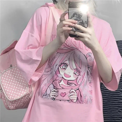 Primavera estate nuova versione coreana Harajuku Pink Cute Anime Cartoon Girl stampa t-shirt a maniche corte allentata studentessa superiore