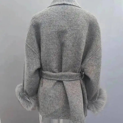 UCXQ Elegant OL Office Lady Overcoats Fur Patchwork Long Sleeve Woolen Coat Beautiful Women's Clothing Jacket Autumn 2025 Winter