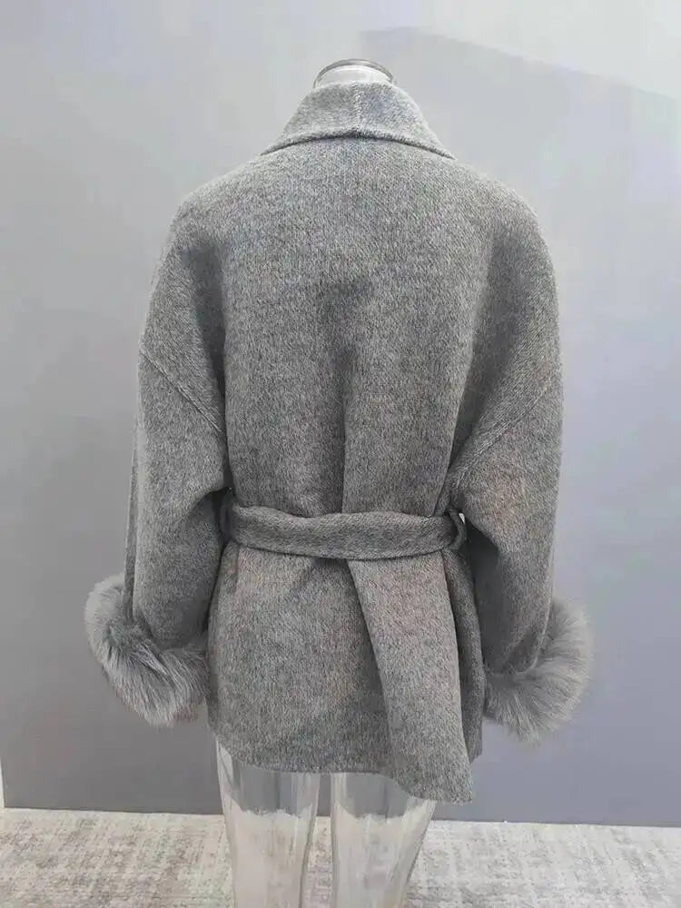 UCXQ Elegant OL Office Lady Overcoats Fur Patchwork Long Sleeve Woolen Coat Beautiful Women's Clothing Jacket Autumn 2025 Winter
