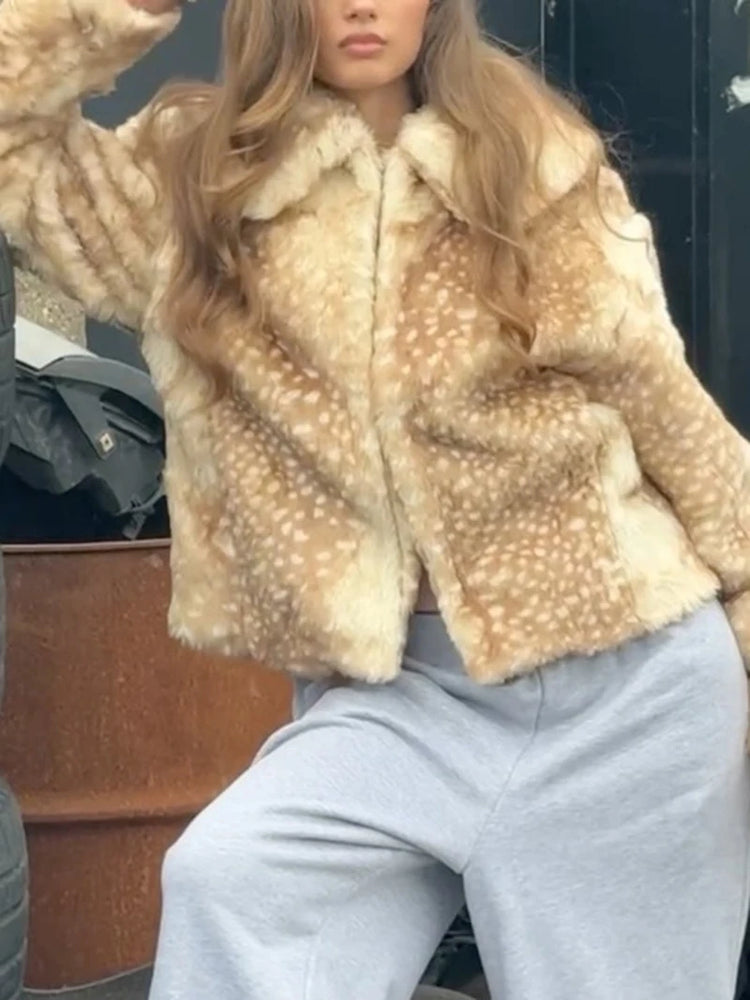 ZADORIN New Chic Deer-print Faux Fur Jackets Elegant Lapel Loose-fit Fluffy Faux Fur Coat Woman Plush Fur Coats Winter Outerwear