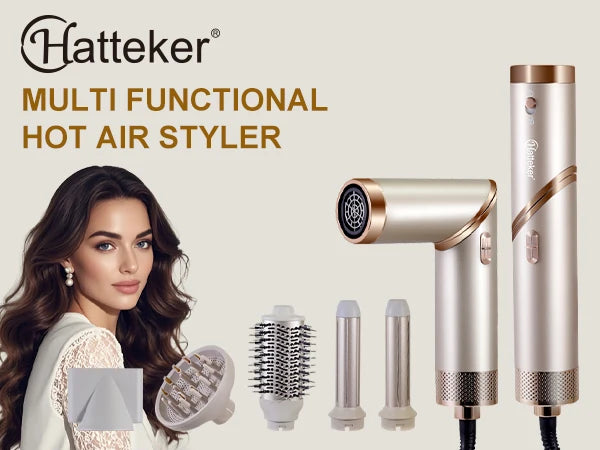 Hatteker Hair Dryer Styler Multi-Function Hot Air Brush Straight/Curly Foldable Blow Combo for Women Travel Lightweight