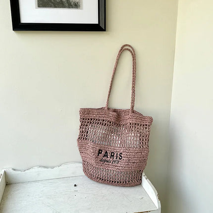Hylhexyr Women's Letter Embroidered Shoulder Bag Woven Straw Bag Large Capacity Empty Holiday Beach Bags