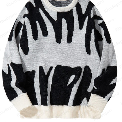 New Popular Autumn Winter Irregular Jacquard Pattern Pullover Sweater Casual Round Neck Contrast Color Knitted Men's Pullover