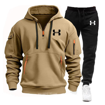 Men new autumn and winter multi-pocket zipper long-sleeved hoodie + sports and leisure pants two-piece fitness jogging suit PlatiNum