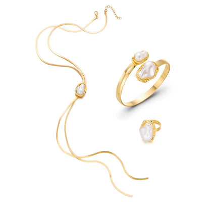 Set di gioielli con perle finte barocche dorate esggerate per le donne Collana con catena a serpente vintage Bracciale aperto e gioielli con anello