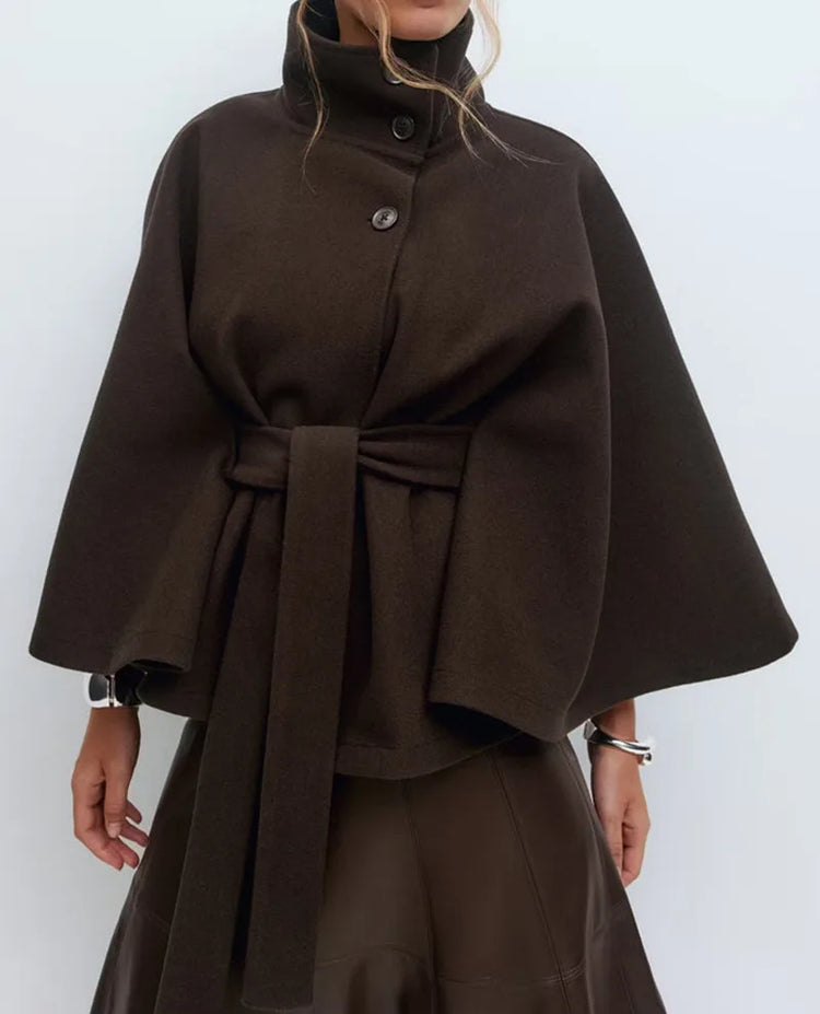 Women Batwing Sleeve Woolen Belted Eclipse Jacket Solid Stand Collar Single Breasted Lace Up Coat Fall Winter Chic Outerwear
