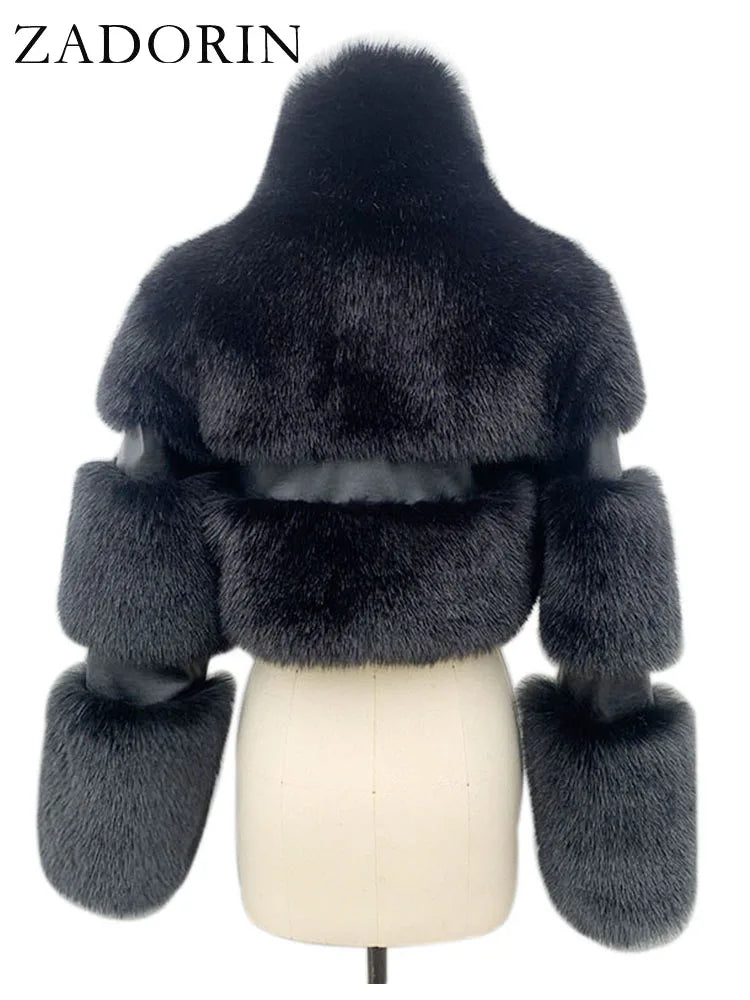 ZADORIN Winter Cropped Jacket Women Turn Down Collar Furry Faux Fox Fur Coat Woman Long Sleeve Thick Warm Fluffy Fur Jacket Tops