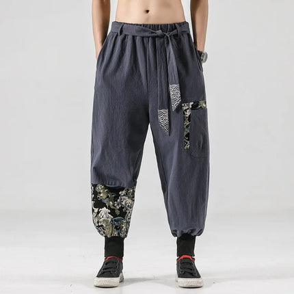 Pantaloni da uomo Costume da samurai giapponese Ukiyo-e Cintura con stampa Pantaloni stile harem da uomo in cotone e lino Pantaloni casual Harajuku da uomo Taglie forti 5XL