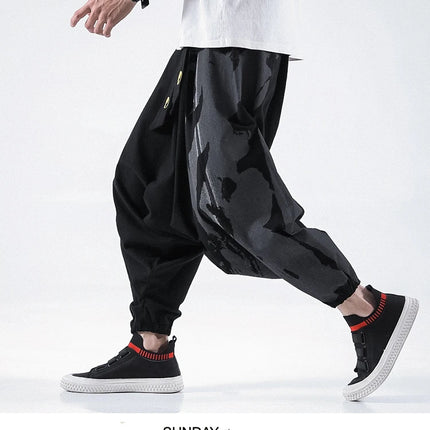 Pantaloni alla moda da uomo Samurai giapponese Ukiyo-e Cintura con stampa Pantaloni stile harem da uomo in cotone e lino Casual Oversize Harajuku Pantaloni a gamba larga da uomo