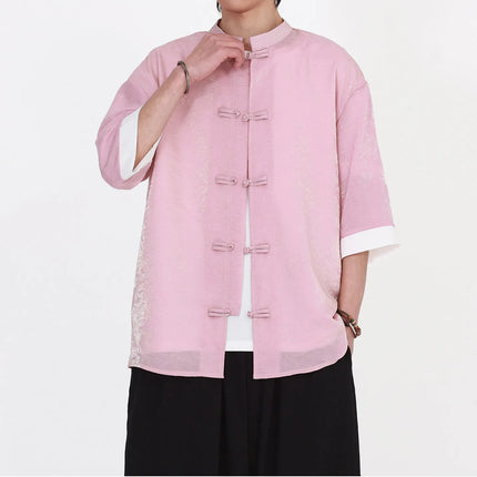 Camicia da Uomo di Lusso con Sfumature Colorate, Jacquard a Maniche Corte, Stile Cinese Tradizionale, Fresca per l'Estate, in Seta Ghiaccio