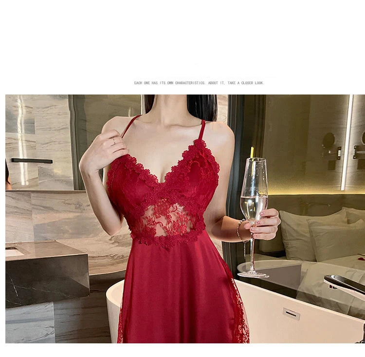 2025 nuova camicia da notte sexy canotta da donna in pizzo indumenti da notte per la casa in raso co
