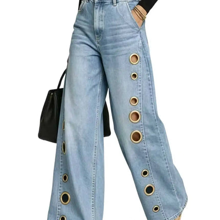 Jeans da Donna a Gamba Larga, Vita Media, con Dettagli Traforati, Effetto Vintage, Stile High Street, Eleganti, da Lavoro, Casual, Pantaloni Dritti