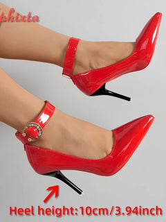 Aphixta Cintura in metallo con fibbia Cinturino Pimp Rosso Nero 10 cm Tacchi a spillo Décolleté Scarpe da festa da donna Rivetti Punta a punta Taglia 51 52 53